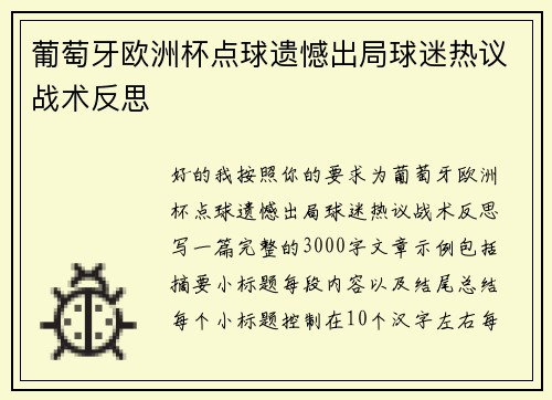 葡萄牙欧洲杯点球遗憾出局球迷热议战术反思