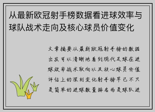 从最新欧冠射手榜数据看进球效率与球队战术走向及核心球员价值变化